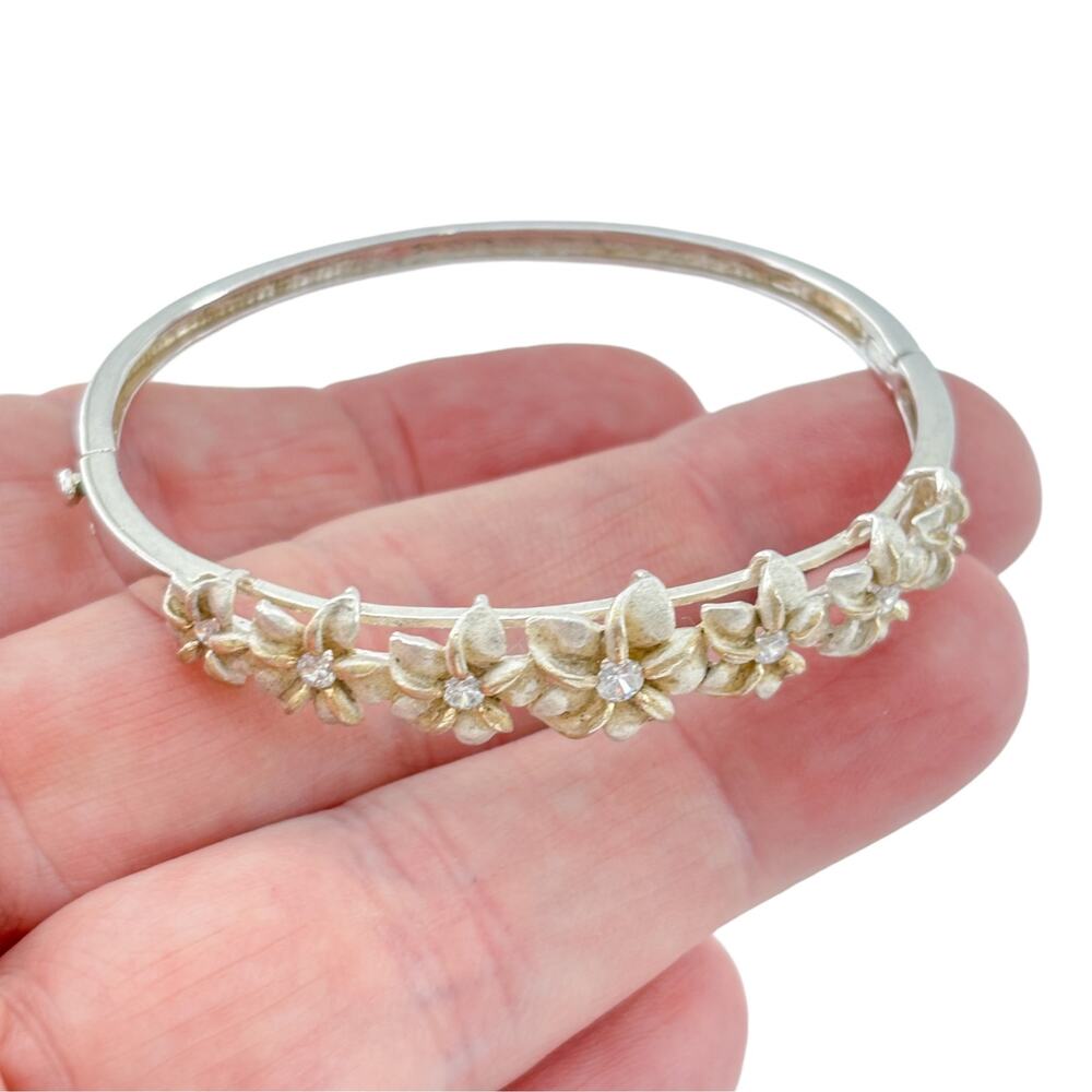 Vintage Sterling Silver 925 Cubic Zirconia Plumeria Bangle 6.75"